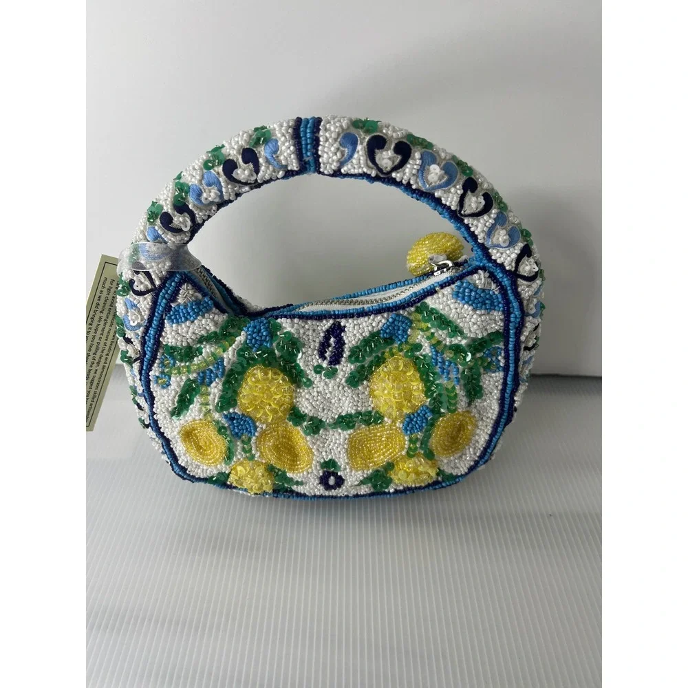Handcrafted Beaded Lemon Mini Bag White Blue Yellow Citrus Fruit Hobo Handbag